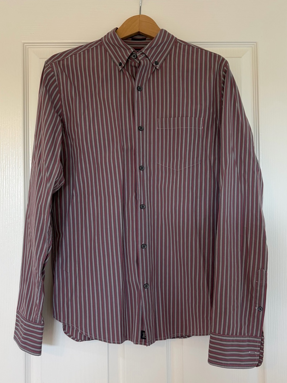 RYE by Hawker Rye Stripped Burgundy, Gray, White Men's Medium Slim Dress Shirt